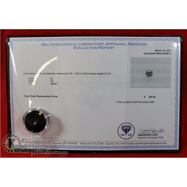 MGI LAB APPRAISED COA GENUINE 0.17ct DIAMOND