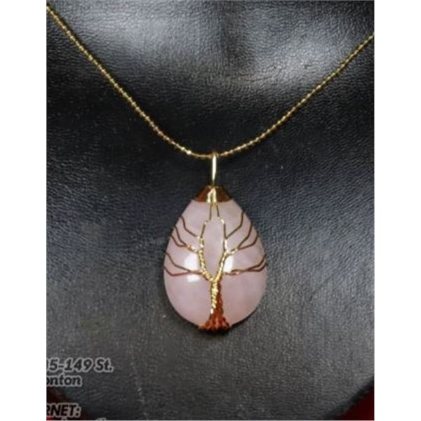 ROSE QUARTZ TREE OF LIFE WRAPPED NECKLACE