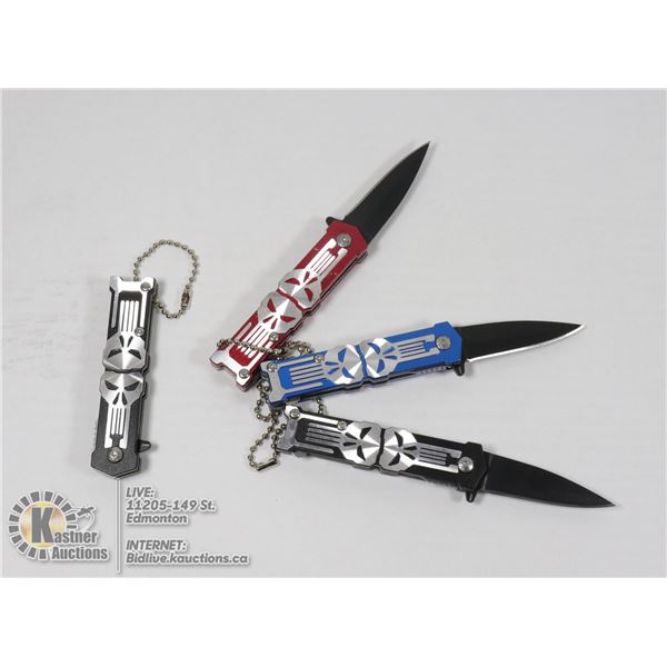 4 NEW MINI SKULL KNIVES - 2 BLACK, 1 RED, 1 BLUE