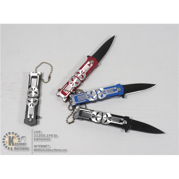 4 NEW MINI SKULL KNIVES - 2 BLACK, 1 RED, 1 BLUE