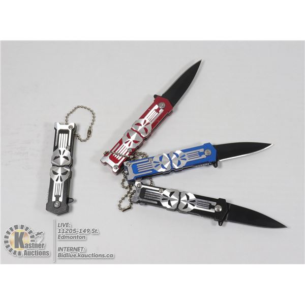 4 NEW MINI SKULL KNIVES - 2 BLACK, 1 RED, 1 BLUE
