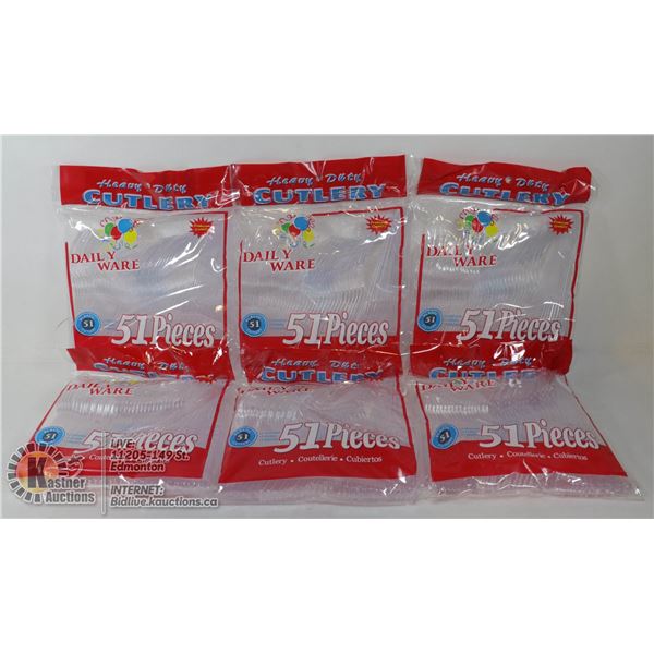 SIX BAGS OF 51PC CLEAR CUTLERY SETS
