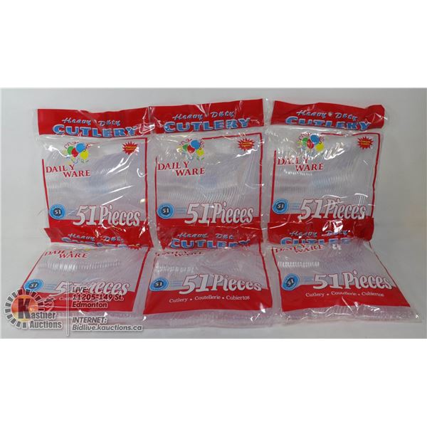 SIX BAGS OF 51PC CLEAR CUTLERY SETS