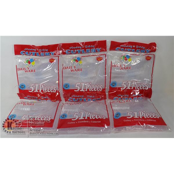 SIX BAGS OF 51PC CLEAR CUTLERY SETS