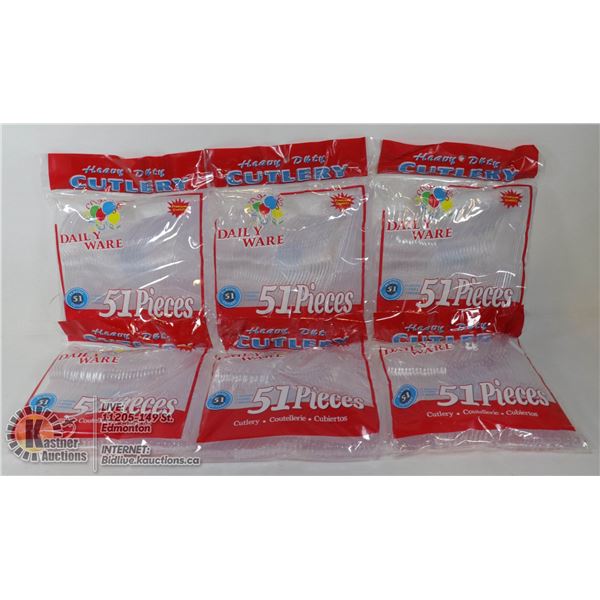SIX BAGS OF 51PC CLEAR CUTLERY SETS