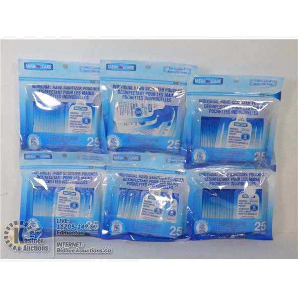 LOT OF SIX PACKS OF 25 INDIVIDUAL HAND SANITIZERS