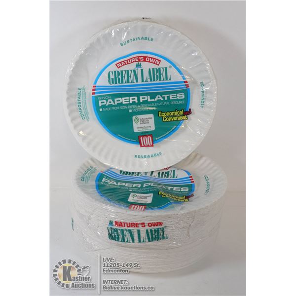 STACK OF 300 NGREEN LABEL 9 INCH PAPER PLATES