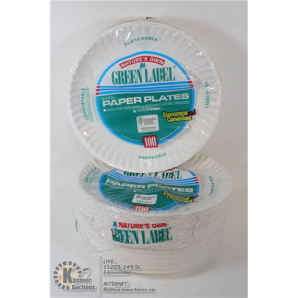 STACK OF 300 NGREEN LABEL 9 INCH PAPER PLATES