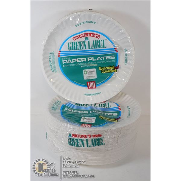 STACK OF 300 NGREEN LABEL 9 INCH PAPER PLATES
