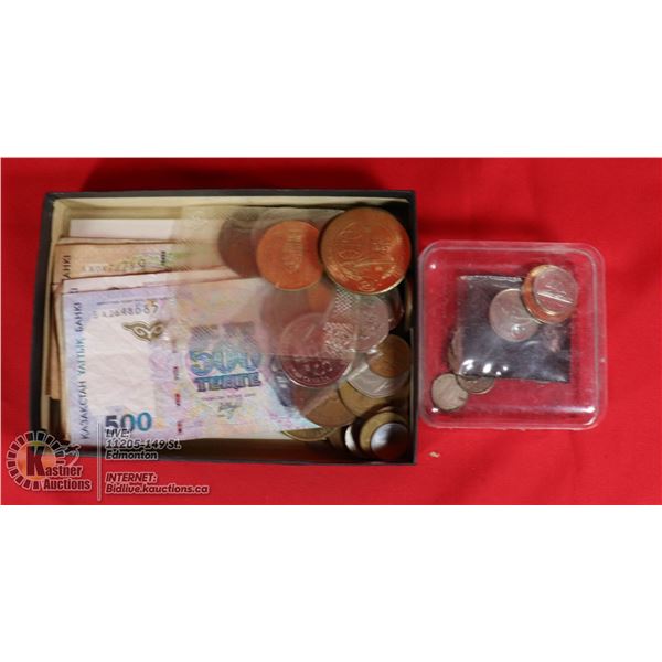 BOX OF ASSORTED OLD CDN COINS, FOREIGN MONEY AND