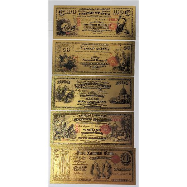 26)  LOT OF 5 24K GOLD FOIL US 1886 BANKNOTES,