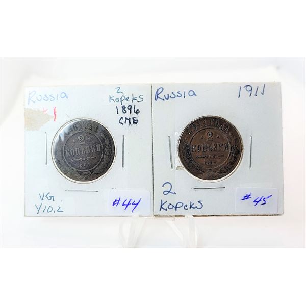 5)  LOT OF 2 OLD RUSSIAN 2 KOPEK COINS FROM