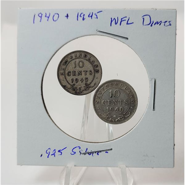 7)  LOT OF 2 NEWFOUNDLAND SILVER DIMES FROM