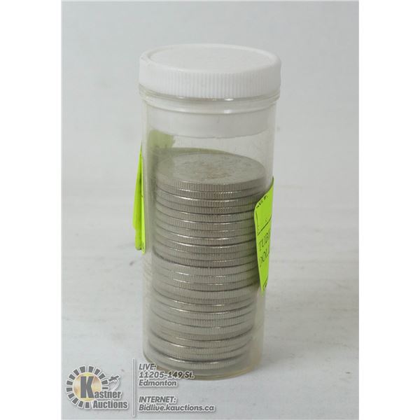 TUBE OF 25 CANADIAN HALF DOLLAR COINS, ASSORTED