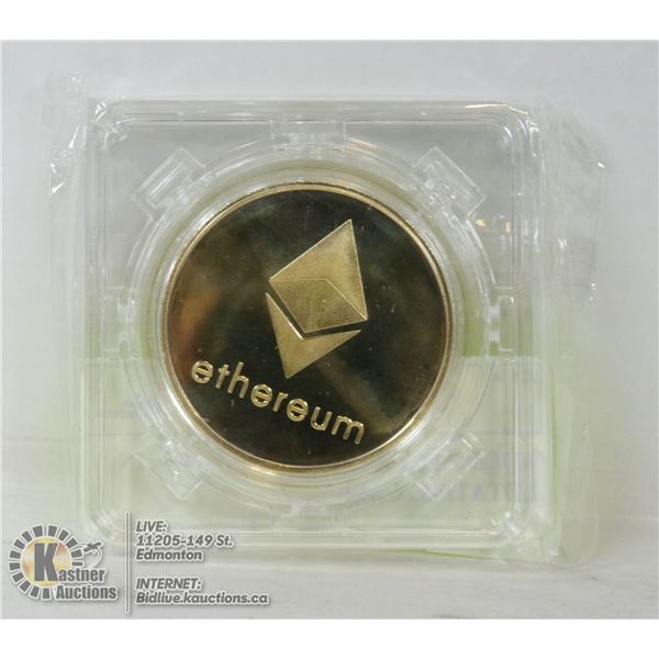 GOLD PLATED ETHEREUM COIN IN ROTATING CASE