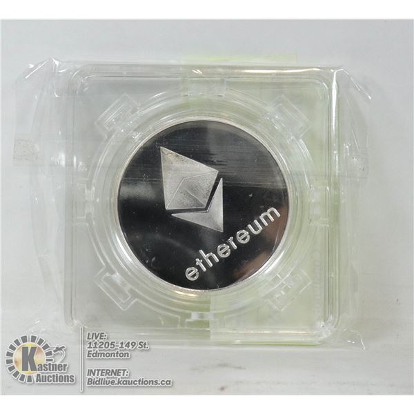 SILVER PLATED ETHEREUM COIN IN ROTATING CASE