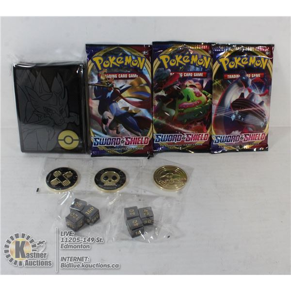 x3 POKEMON BOOSTER PACKS, SLEEVES, METAL DICE