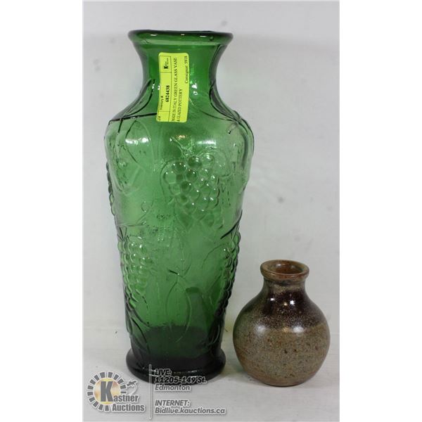 MADE IN ITALY GREEN GLASS VASE & GLAZED POTTERY