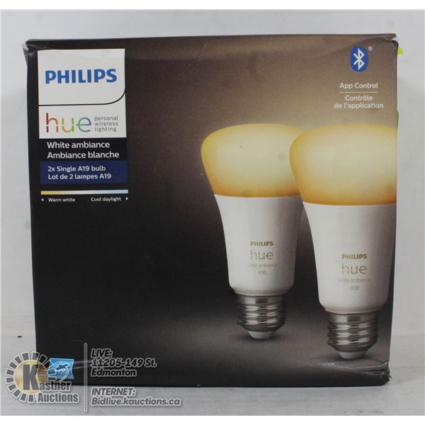 2 PACK PHILIPS HUE A19 LED BLUETOOTH LIGHT BULBS