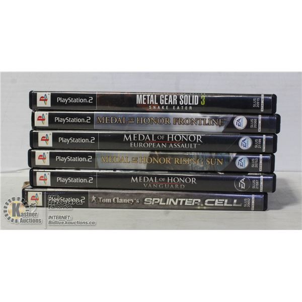6 PS2 GAMES MEDAL HONOR X 4, METAL GEAR & SPLINTER