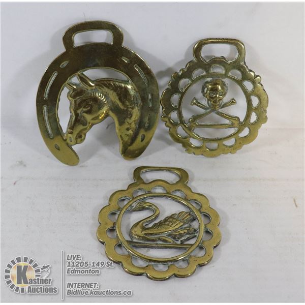 LOT OF THREE ANTIQUE HORSE BRASS INC SKULL