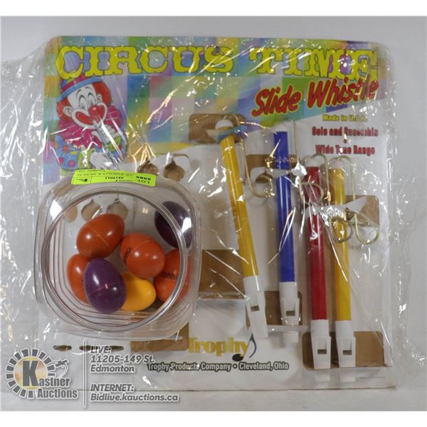 4 NEW SLIDE WHISTLES &  MUSICAL MANO SHAKER EGGS