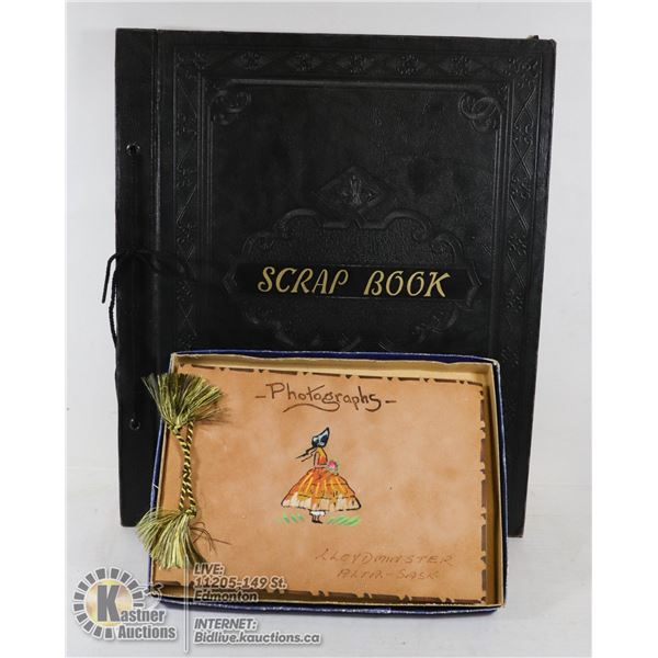 BOX W/ VINTAGE SCRAP BOOK & LEATHER FOTO ALBUM.