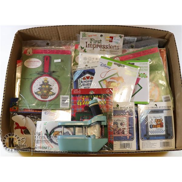 BOX W/ OVER 30 NEW CROSS STITCH KITS AND CRAFTS.