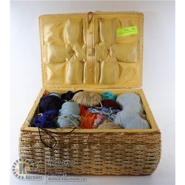 VINTAGE SEWING BASKET FULL OF WOOL,YARN