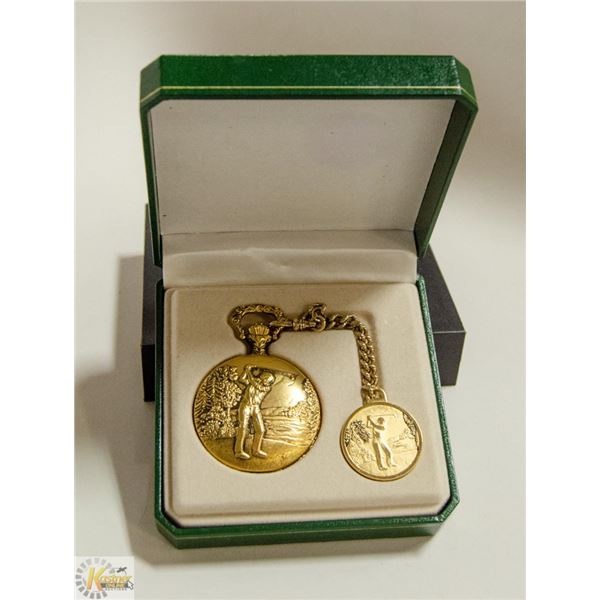 VINTAGE POCKET WATCH AND FOB, EMBOSSED GOLF IMAGE