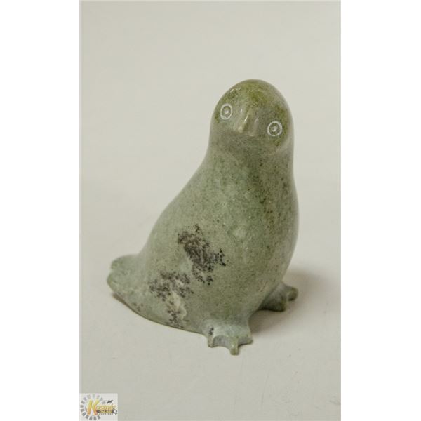 INUIT SOAPSTONE BIRD CARVING SIGNED /W DISC #