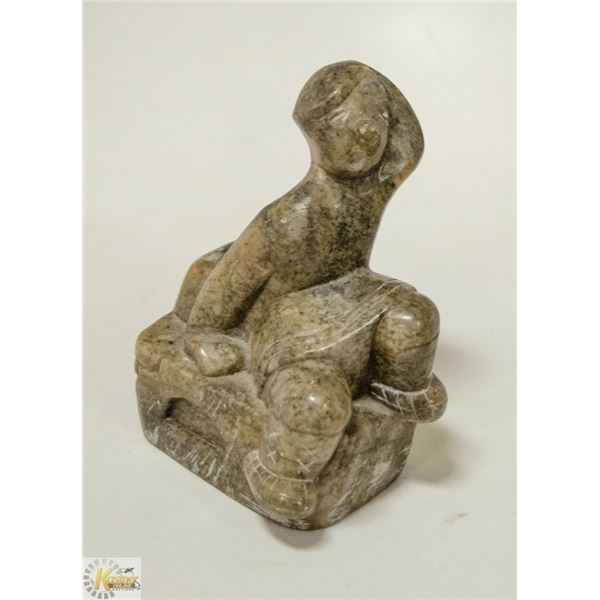 INUIT SOAPSTONE CARVING OF SEATED FIGURE SIGNED