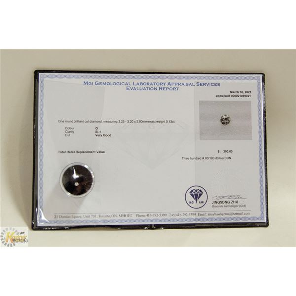 MGI LAB APPRAISED COA GENUINE 0.13ct DIAMOND