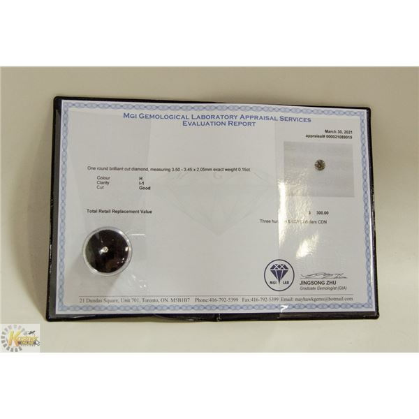 MGI LAB APPRAISED COA GENUINE 0.15ct DIAMOND