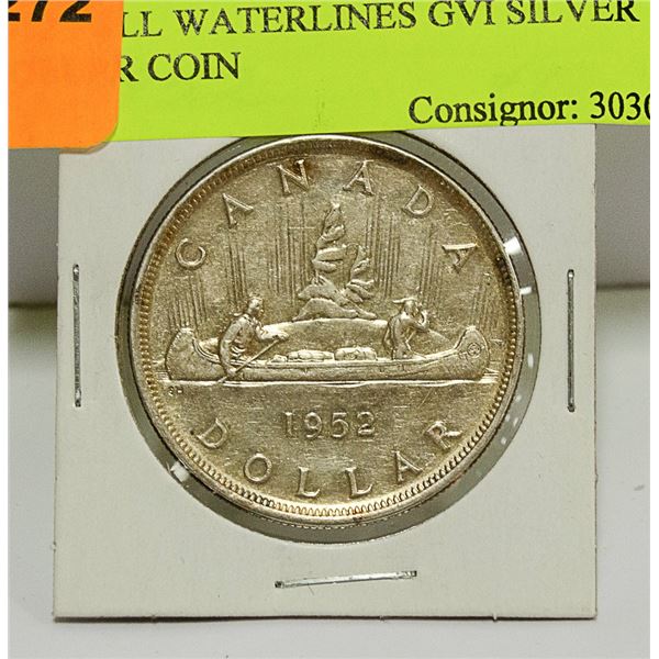 1952 FULL WATERLINES GVI SILVER DOLLAR COIN