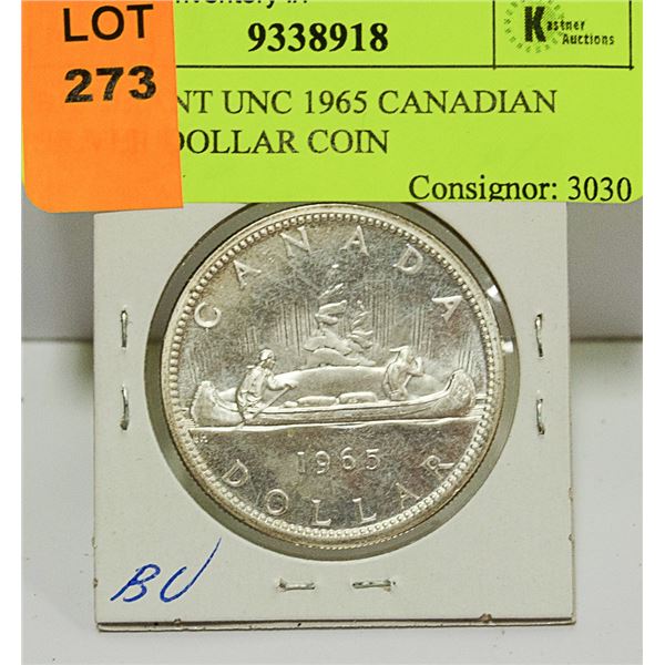 BRILLIANT UNC 1965 CANADIAN SILVER DOLLAR COIN