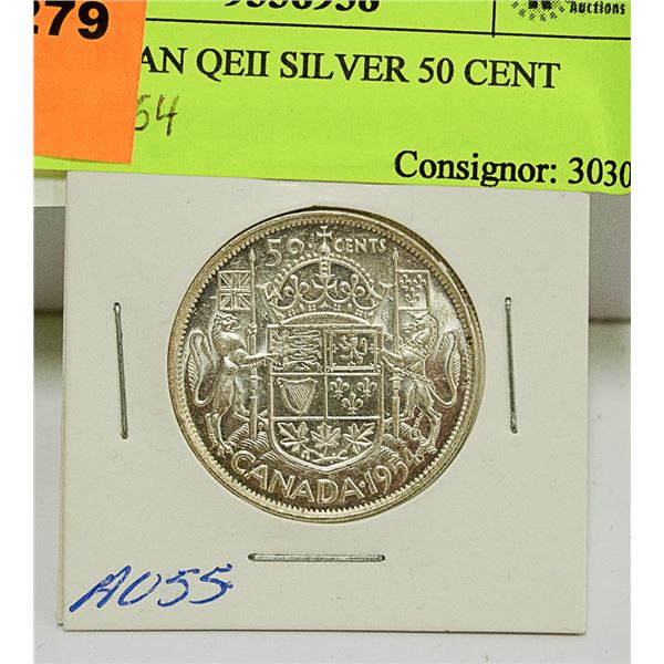 1954 CANADIAN QEII SILVER 50 CENT COIN