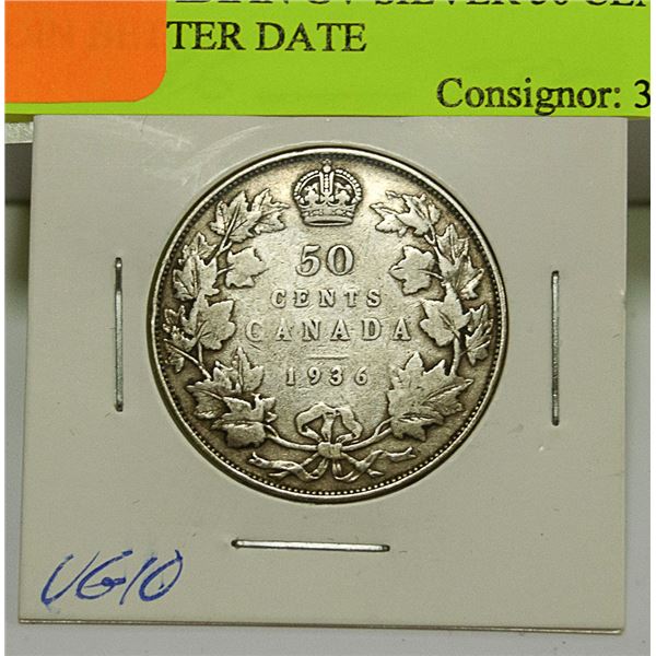 1936 CANADIAN GV SILVER 50 CENT COIN BETTER DATE