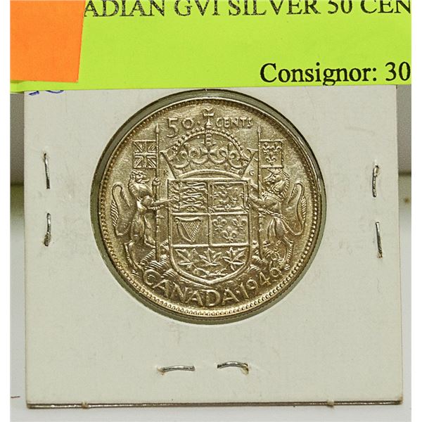 1946 CANADIAN GVI SILVER 50 CENT COIN