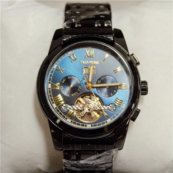 NEW IN BOX BLUE DIAL AUTOMATIC WATCH SKELETAL BACK