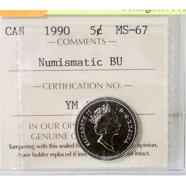 1990 CANADIAN 5 CENT COIN CERT ICCS MS-67