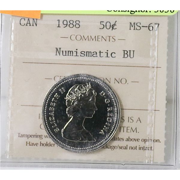1988 CANADIAN 50 CENT COIN CERT ICCS MS-67