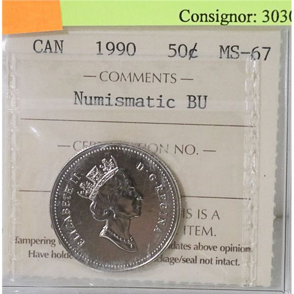1990 CANADIAN 50 CENT COIN CERT ICCS MS-67