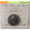 Image 1 : 1993 CANADIAN 50 CENT COIN CERT ICCS MS-67