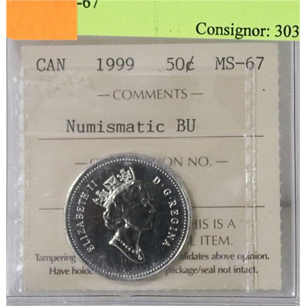 1999 CANADIAN 50 CENT COIN CERT ICCS MS-67