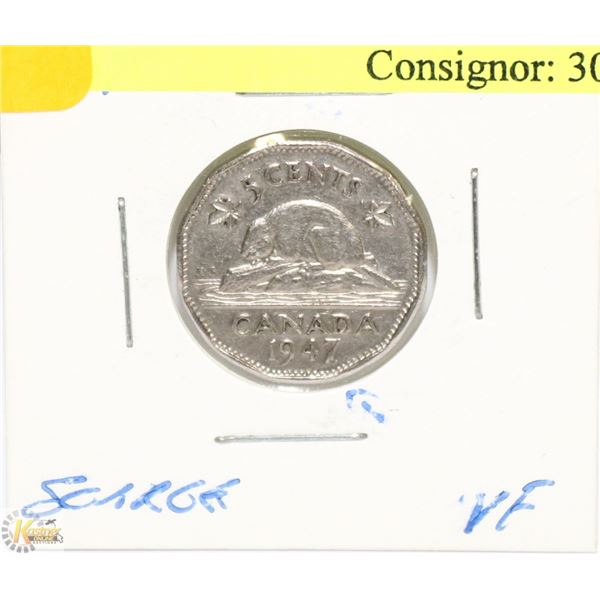 SCARCE 1947 DOT CANADIAN GVI 5 CENT COIN