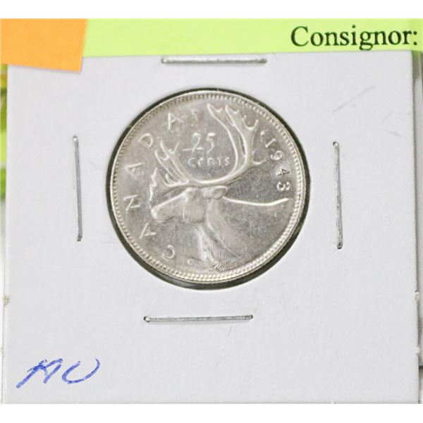 AU 1943 CANADIAN GVI SILVER 25 CENT COIN