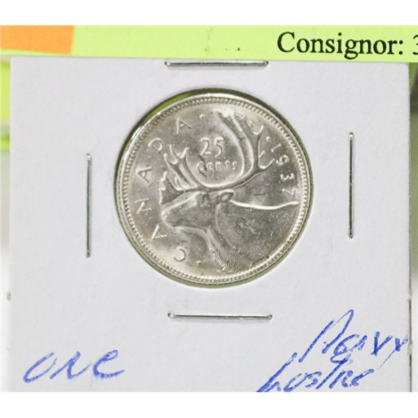 UNCIRCULATED 1937 CANADIAN GVI SILVER 25 CENT COIN