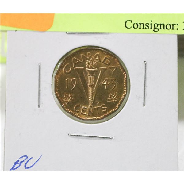 BRILLIANT UNC 1943 CANADIAN GVI TOMBAC 5 CENT