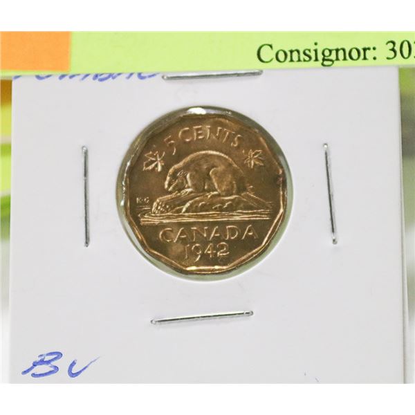 BRILLIANT UNC 1942 CANADIAN GVI TOMBAC 5 CENT COIN